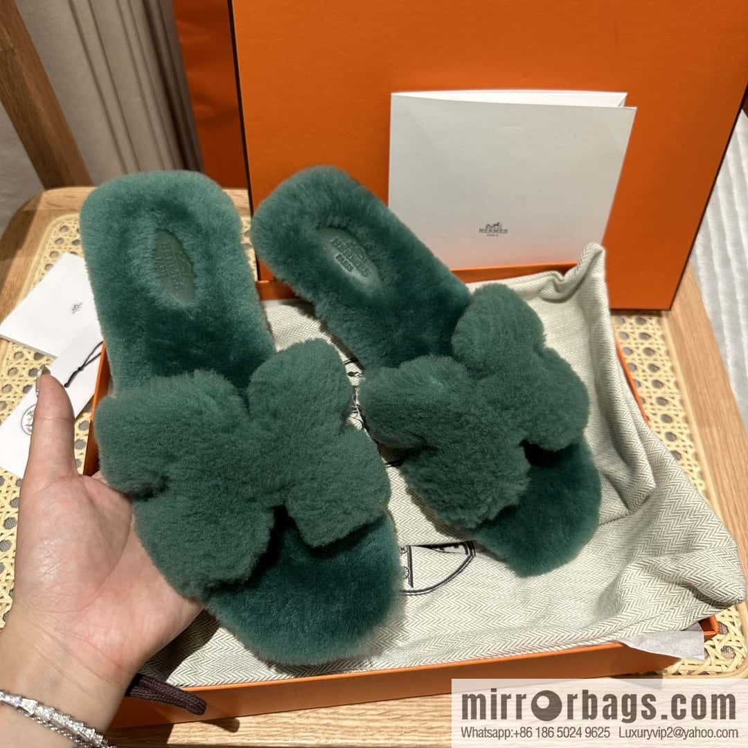 Hermès mink slippers, green