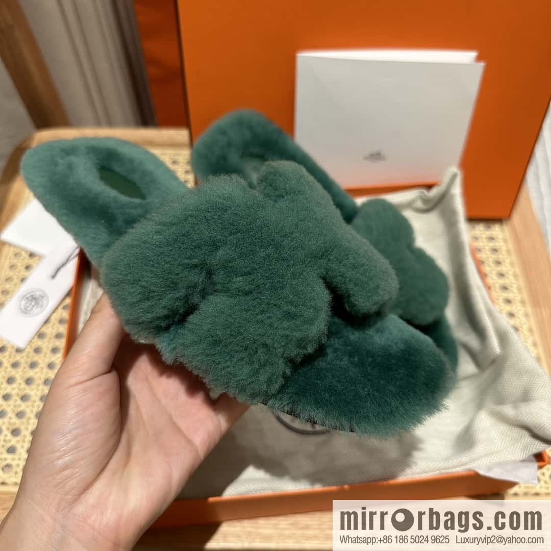 Hermès mink slippers, green