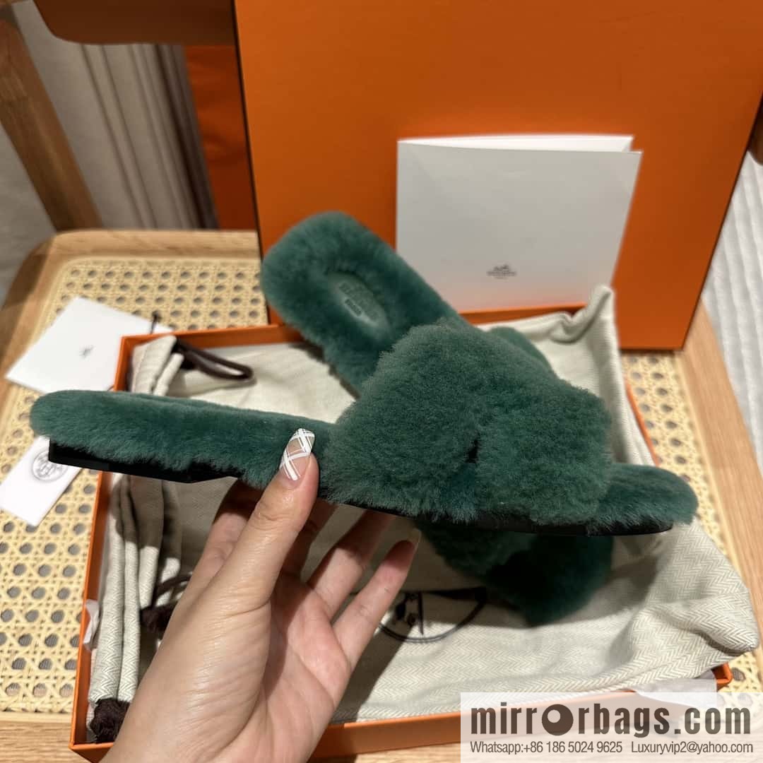 Hermès mink slippers, green