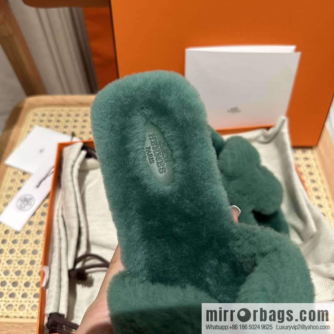 Hermès mink slippers, green