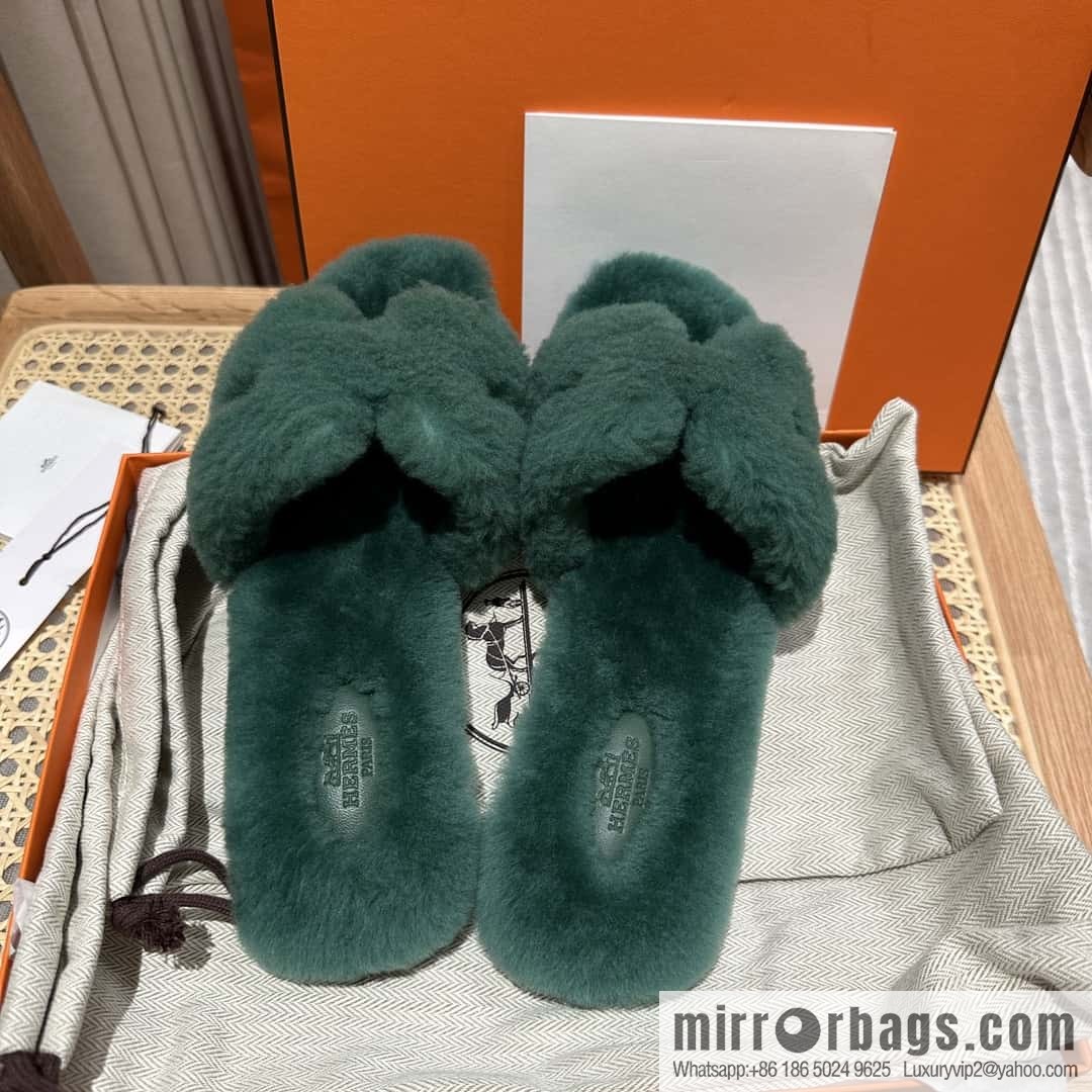 Hermès mink slippers, green