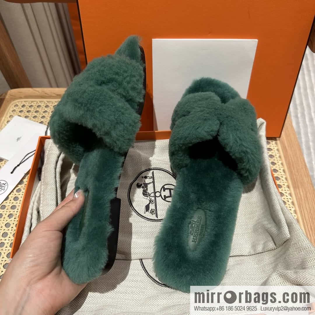 Hermès mink slippers, green