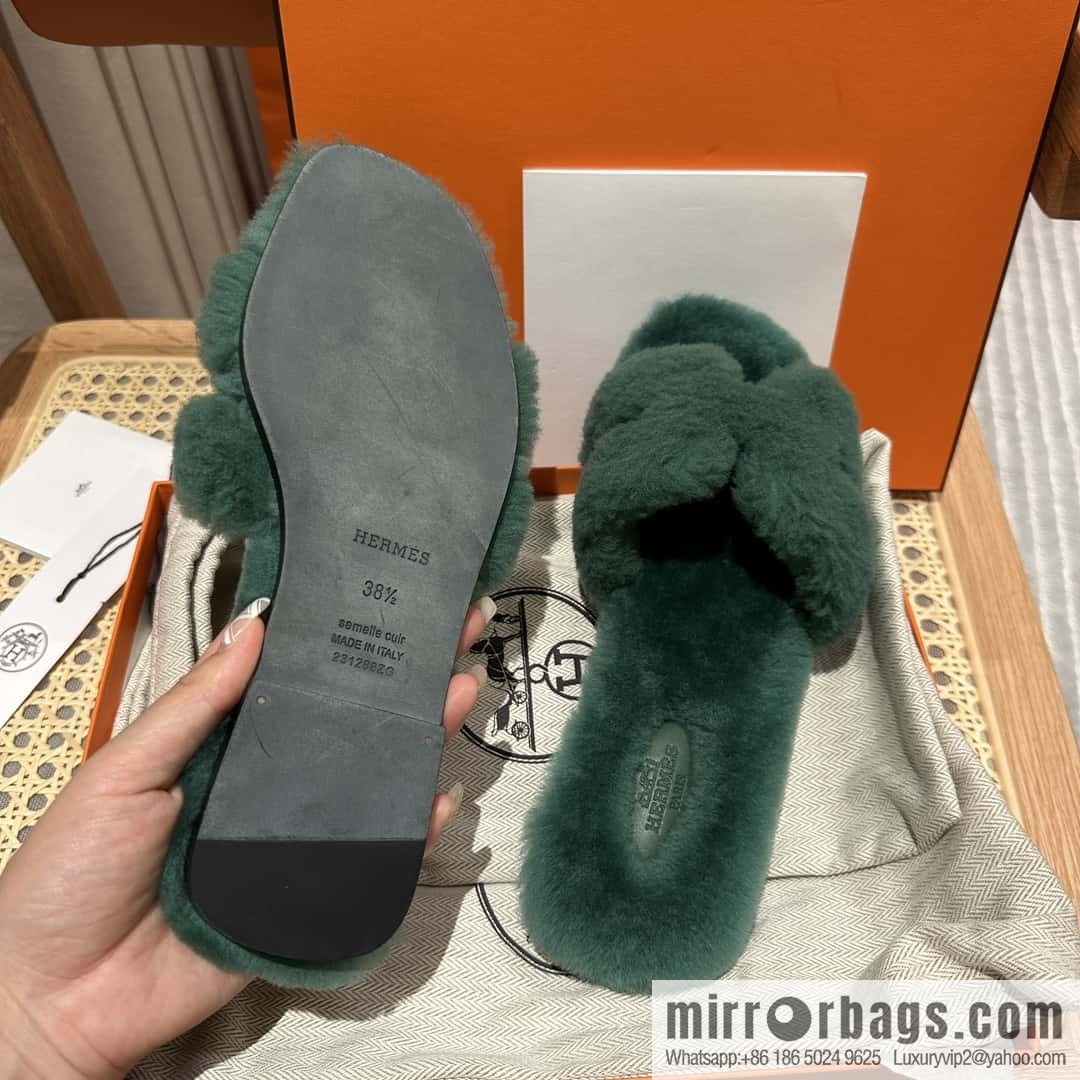 Hermès mink slippers, green