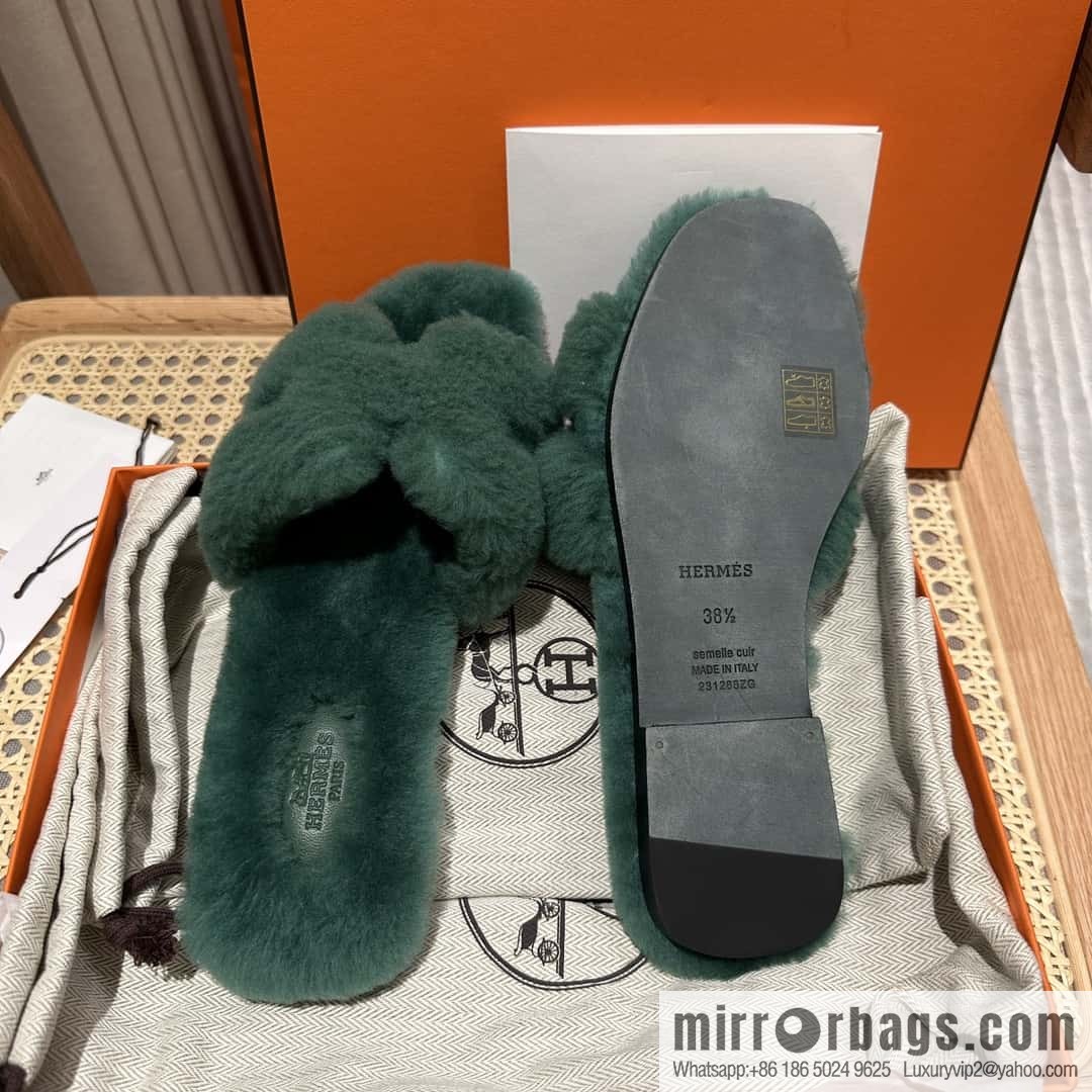 Hermès mink slippers, green