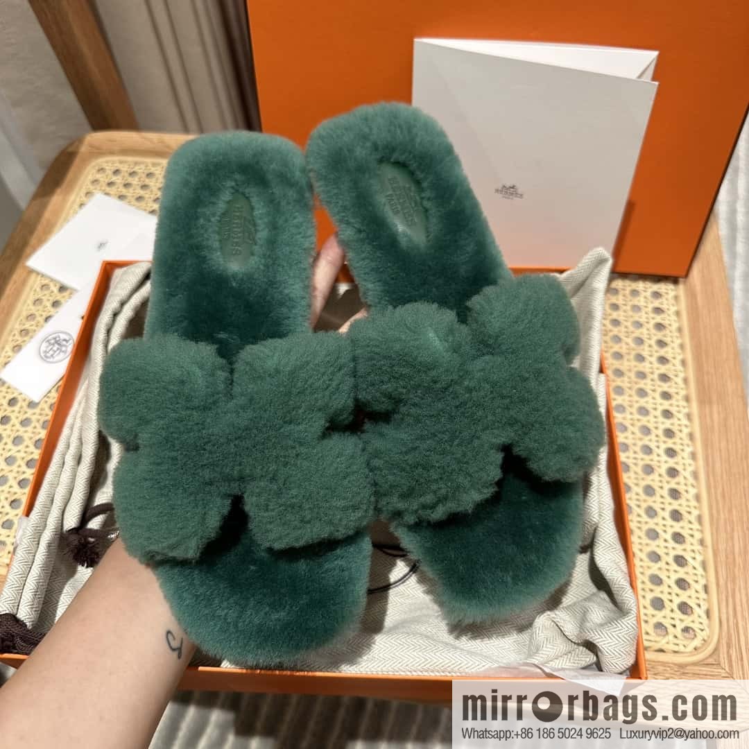 Hermès mink slippers, green