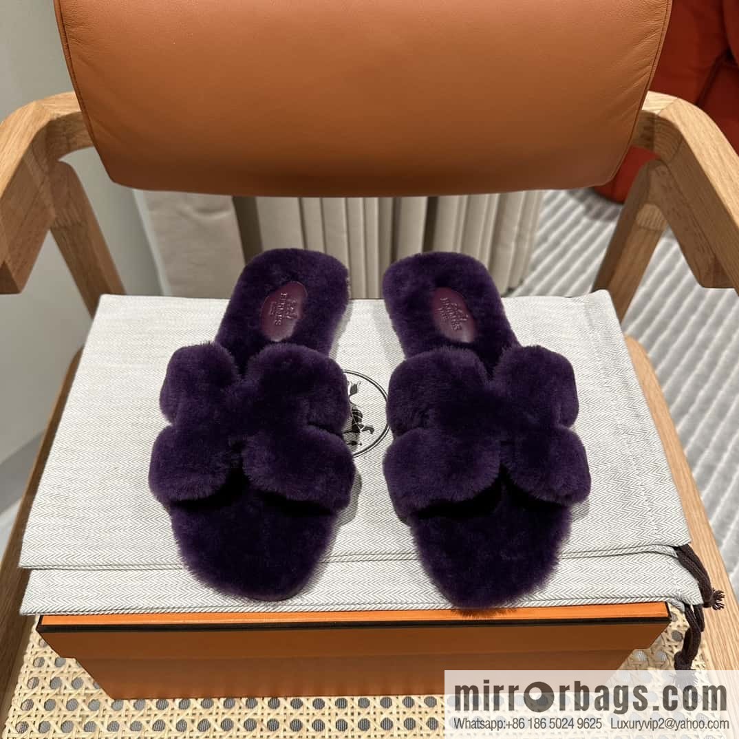 Hermès Mink Hair Slippers, Purple