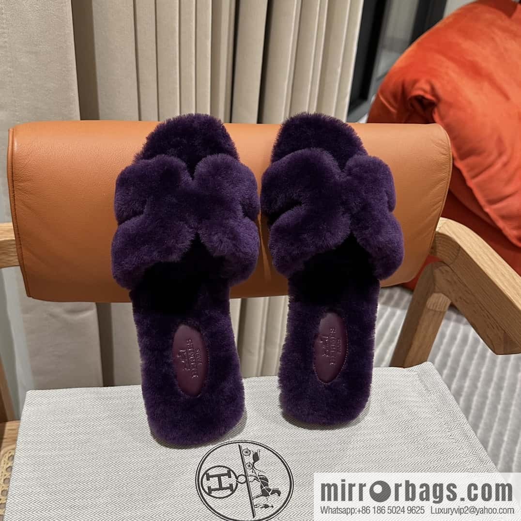 Hermès Mink Hair Slippers, Purple
