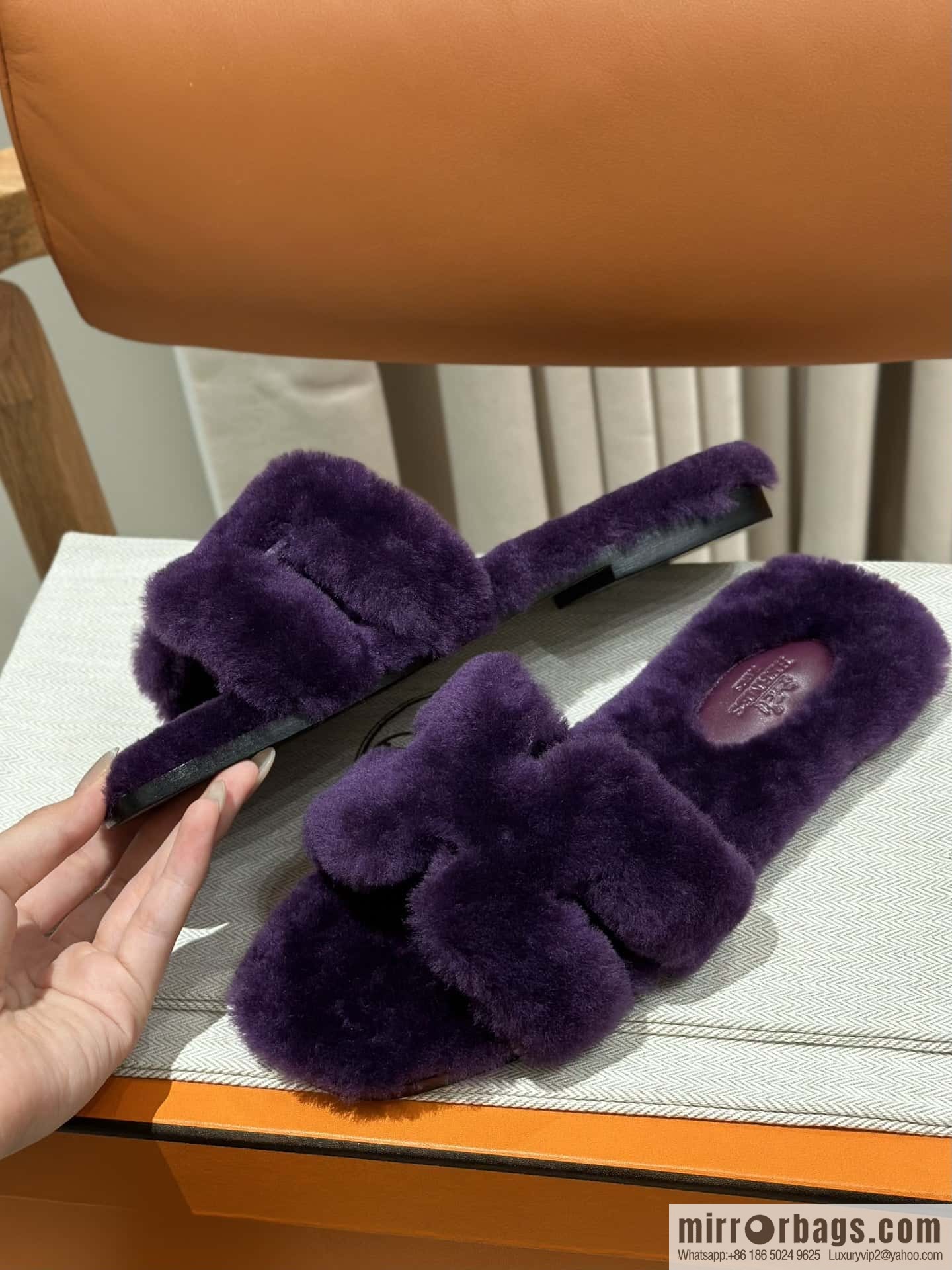 Hermès Mink Hair Slippers, Purple