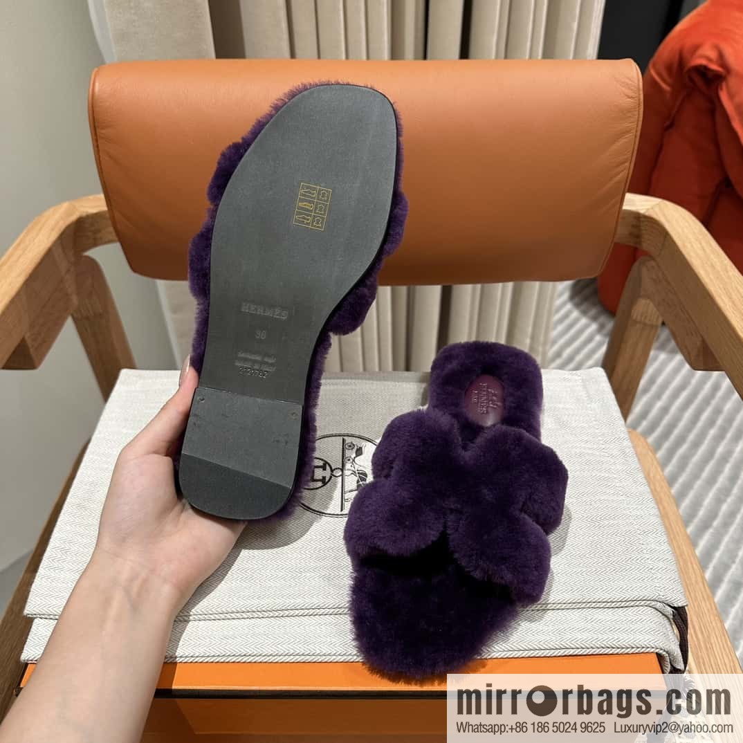 Hermès Mink Hair Slippers, Purple