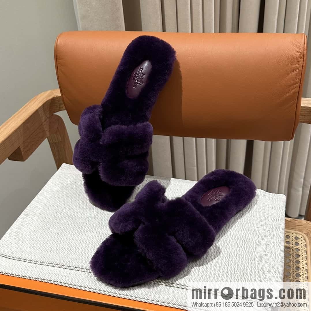 Hermès Mink Hair Slippers, Purple