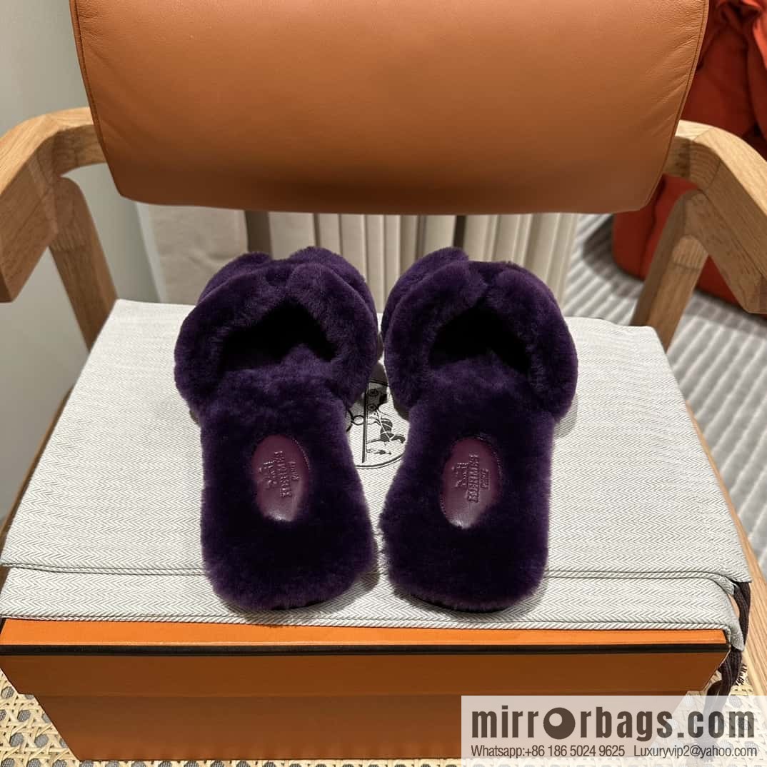 Hermès Mink Hair Slippers, Purple