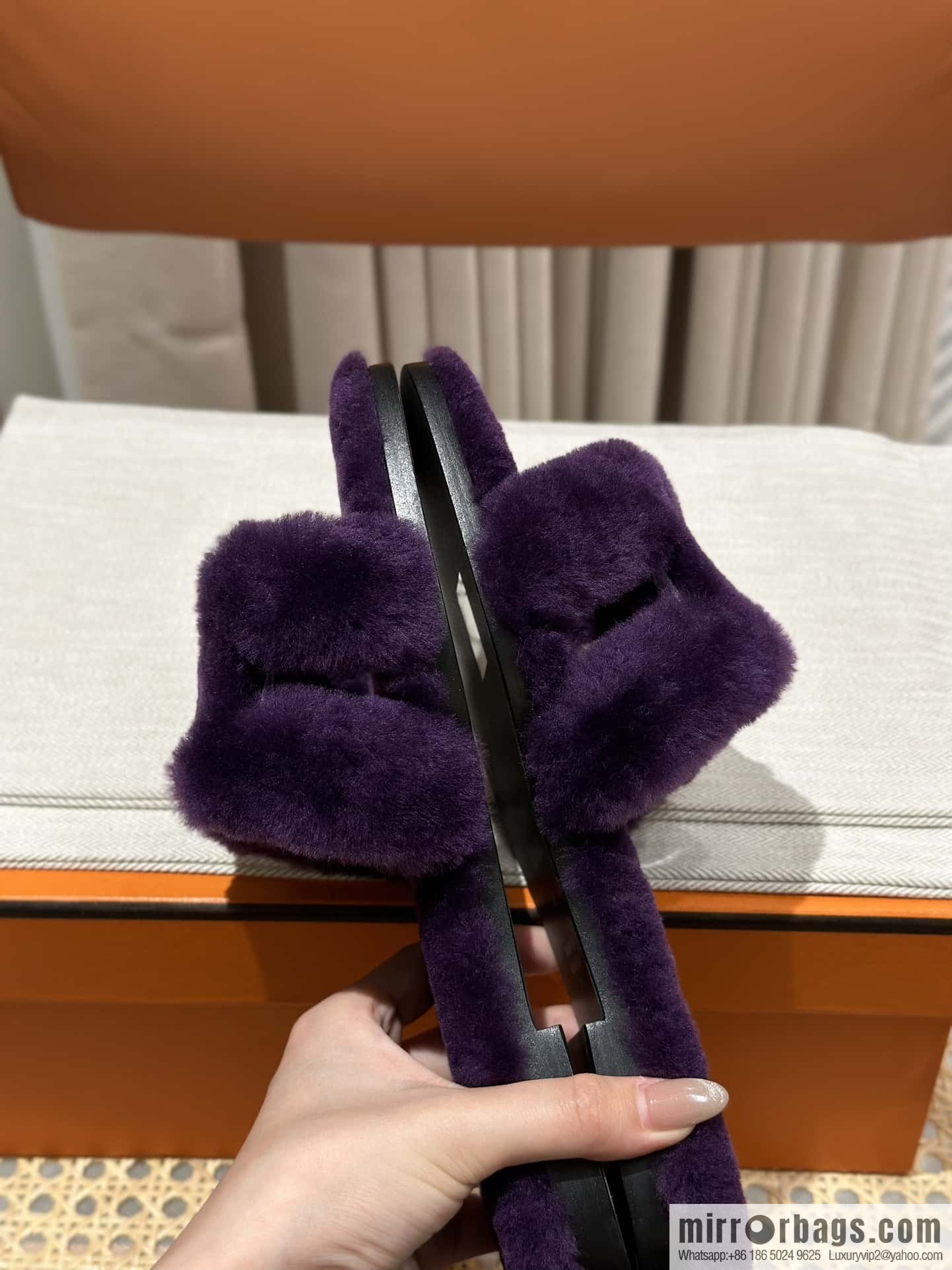 Hermès Mink Hair Slippers, Purple