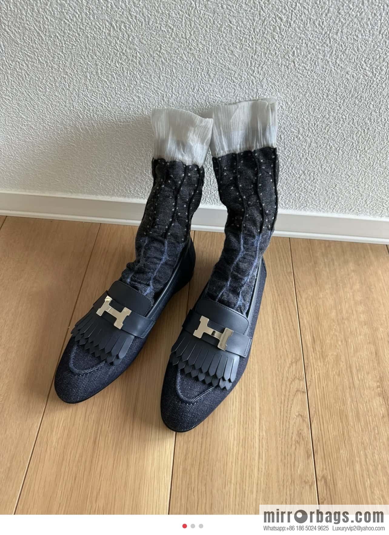 Hermès H's classic loafers, fringed denim with dark blue silver buckle