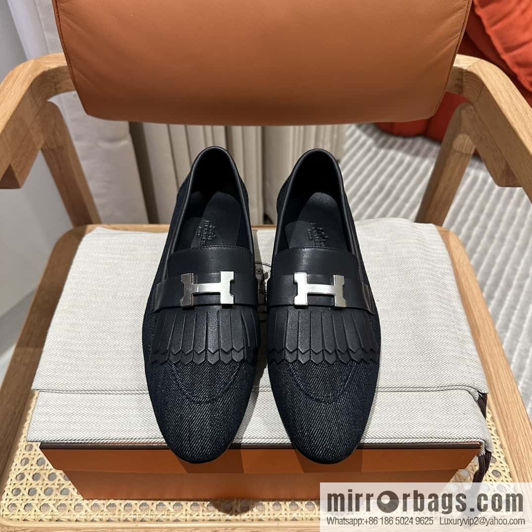 Hermès H's classic loafers, fringed denim with dark blue silver buckle