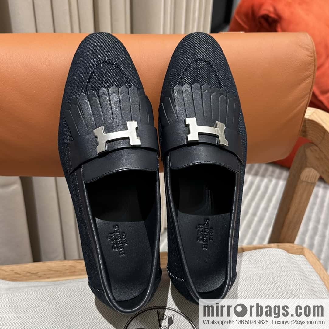 Hermès H's classic loafers, fringed denim with dark blue silver buckle