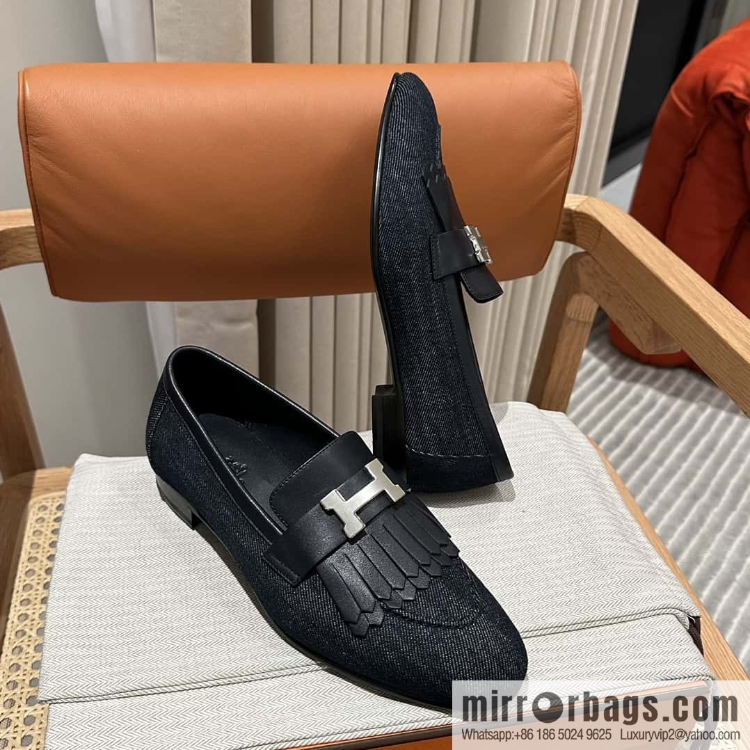 Hermès H's classic loafers, fringed denim with dark blue silver buckle