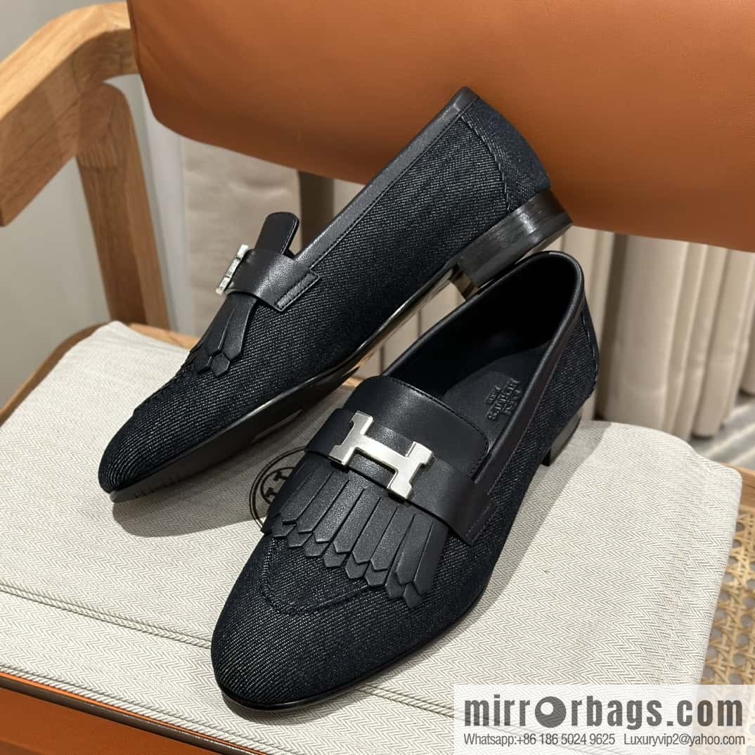 Hermès H's classic loafers, fringed denim with dark blue silver buckle