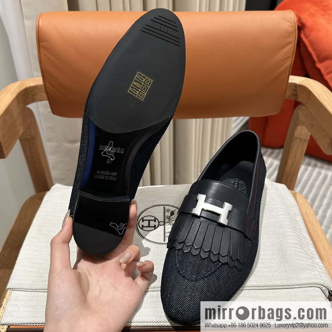 Hermès H's classic loafers, fringed denim with dark blue silver buckle