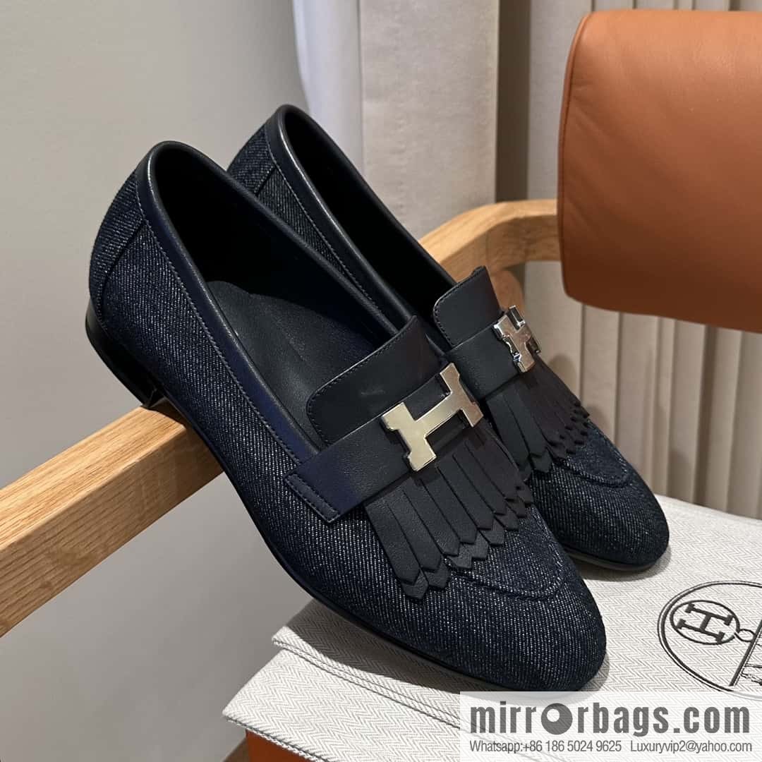 Hermès H's classic loafers, fringed denim with dark blue silver buckle