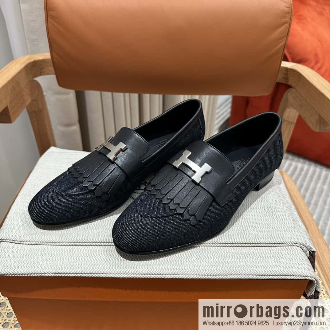 Hermès H's classic loafers, fringed denim with dark blue silver buckle