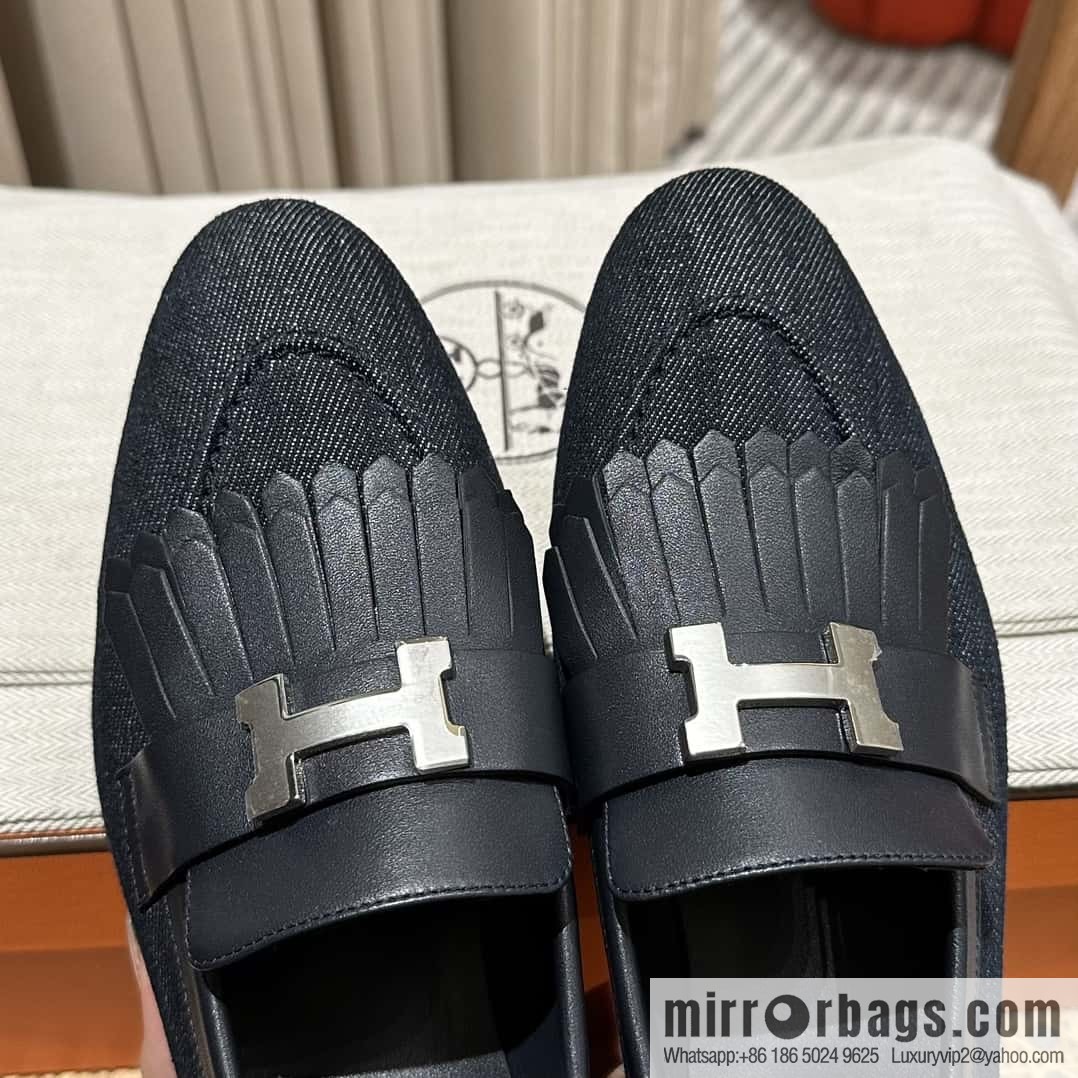 Hermès H's classic loafers, fringed denim with dark blue silver buckle