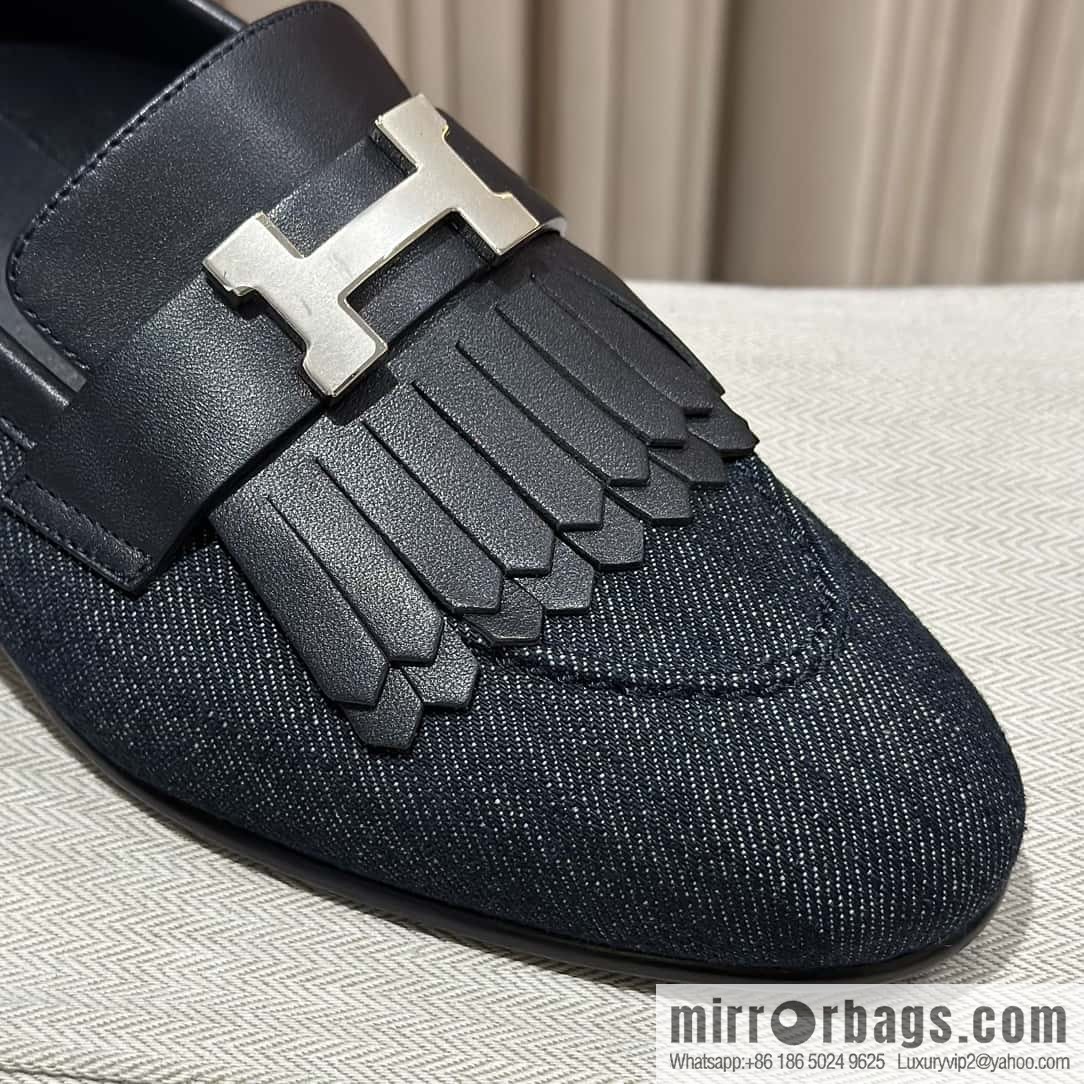 Hermès H's classic loafers, fringed denim with dark blue silver buckle