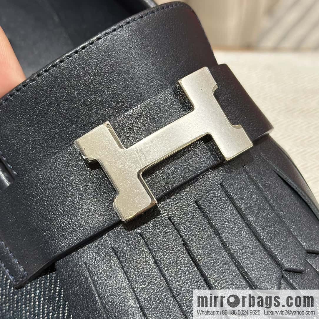 Hermès H's classic loafers, fringed denim with dark blue silver buckle