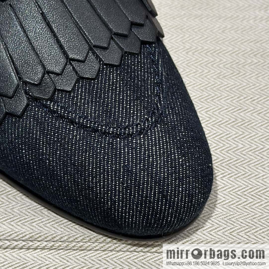 Hermès H's classic loafers, fringed denim with dark blue silver buckle