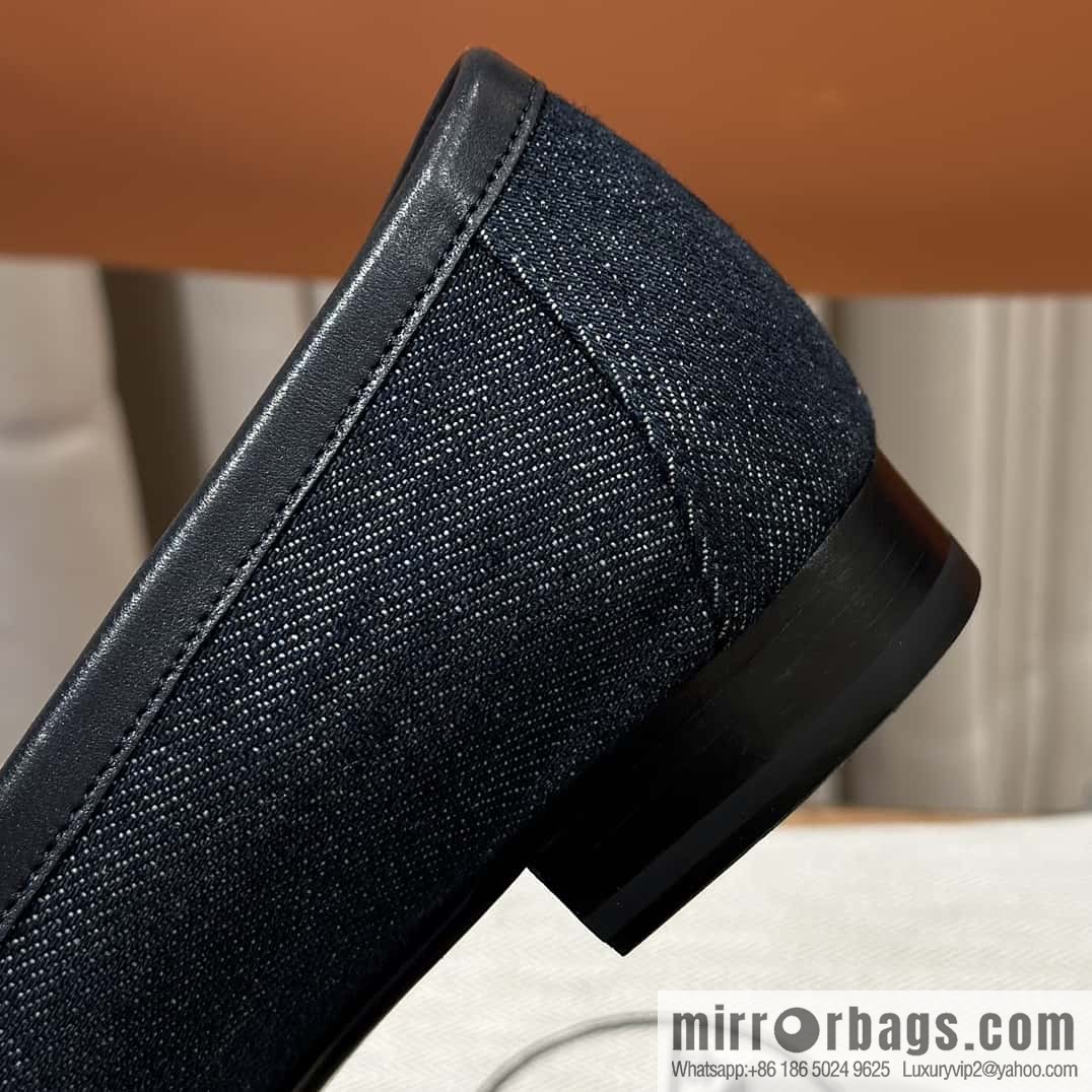 Hermès H's classic loafers, fringed denim with dark blue silver buckle