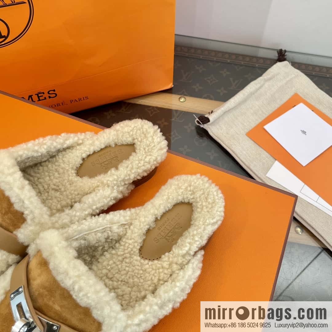 Hermès Sheepskin Button Muller Half Trail Fluffy Shoes