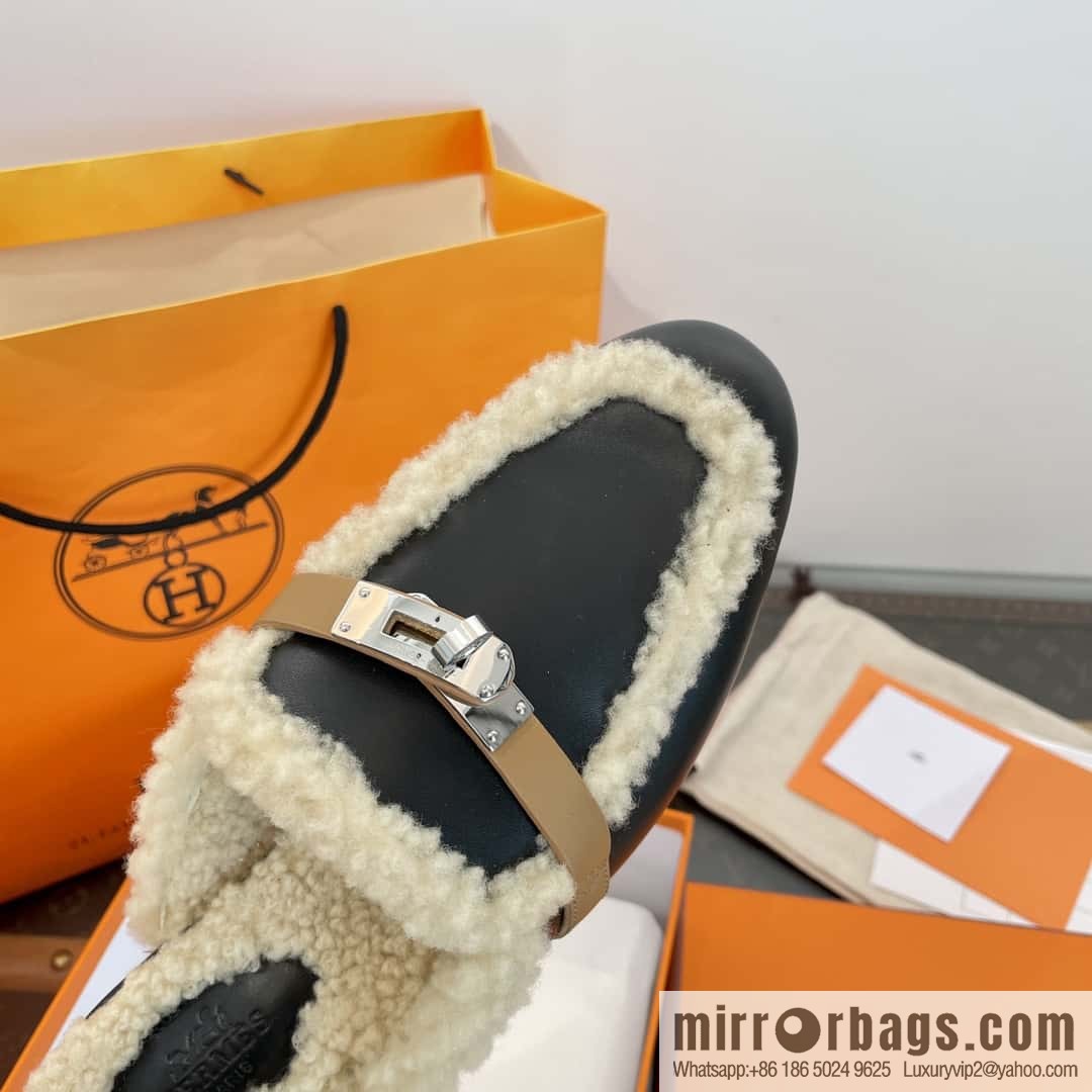 Hermès Sheepskin Button Muller Half Trail Fluffy Shoes