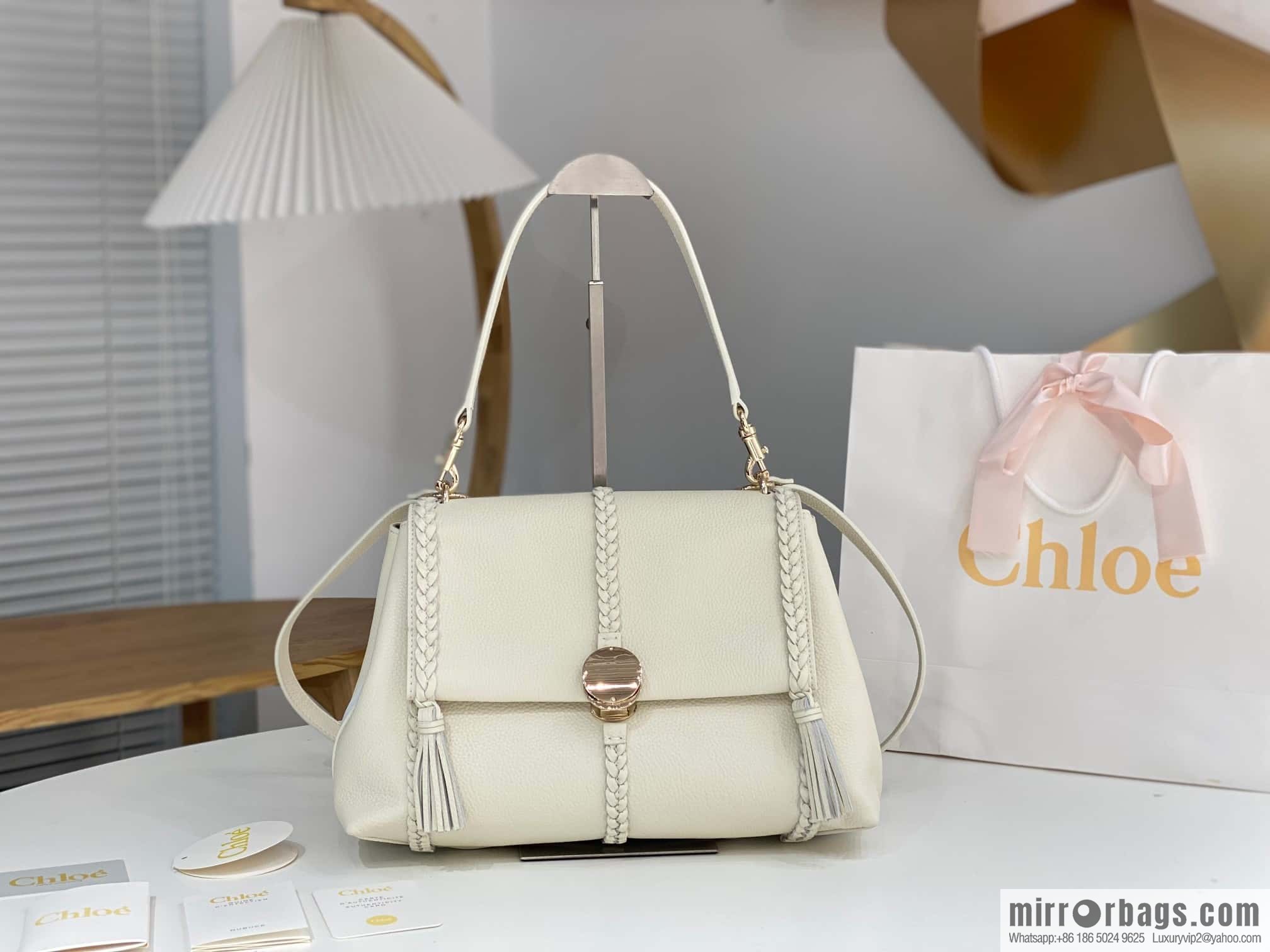 Chloe Penelope Gold Coin Bag, Large Dropped Leather, White 35cm