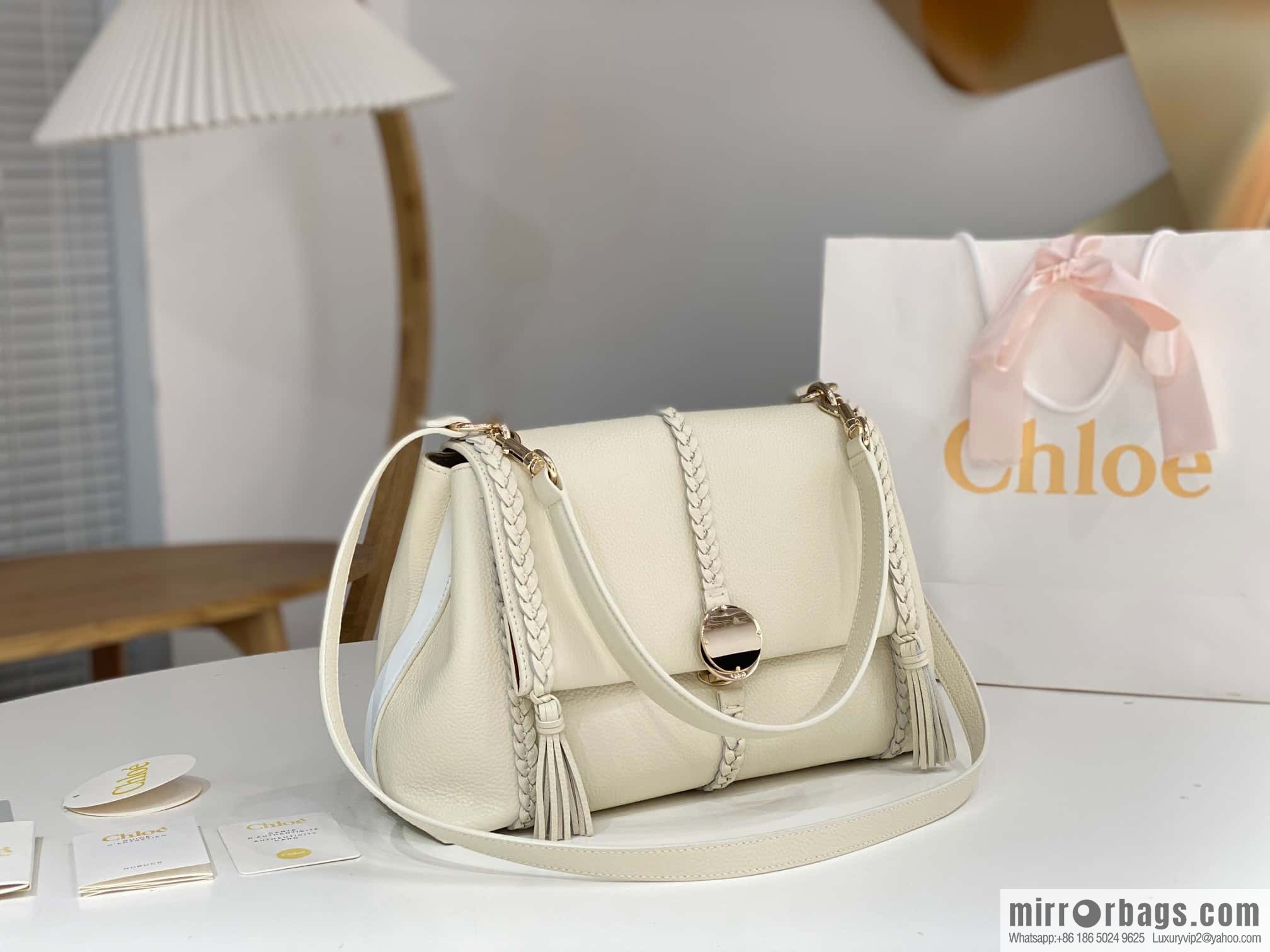 Chloe Penelope Gold Coin Bag, Large Dropped Leather, White 35cm