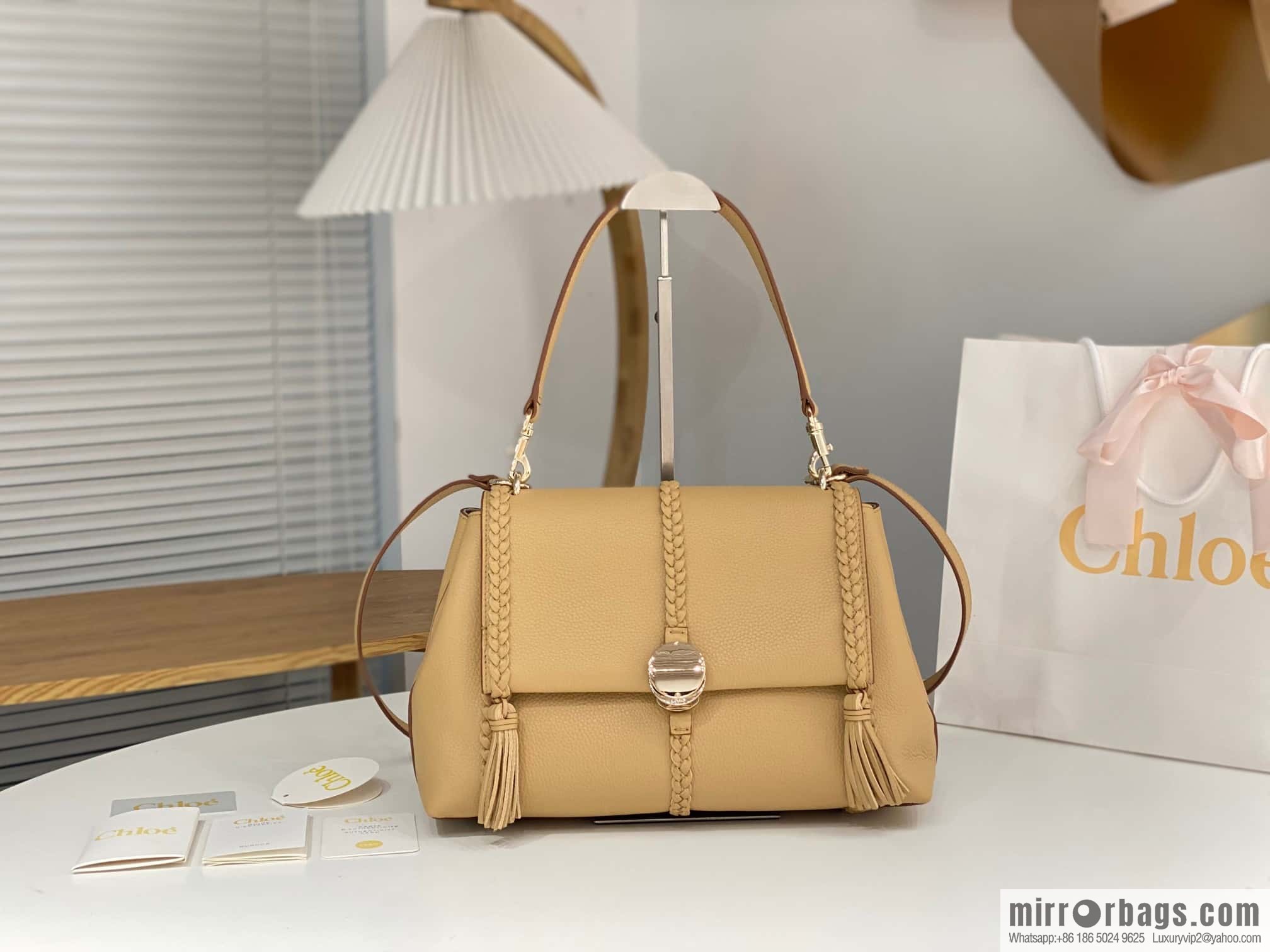 Chloe Penelope Gold Coin Bag, Large Dropped Leather, Apricot 35cm