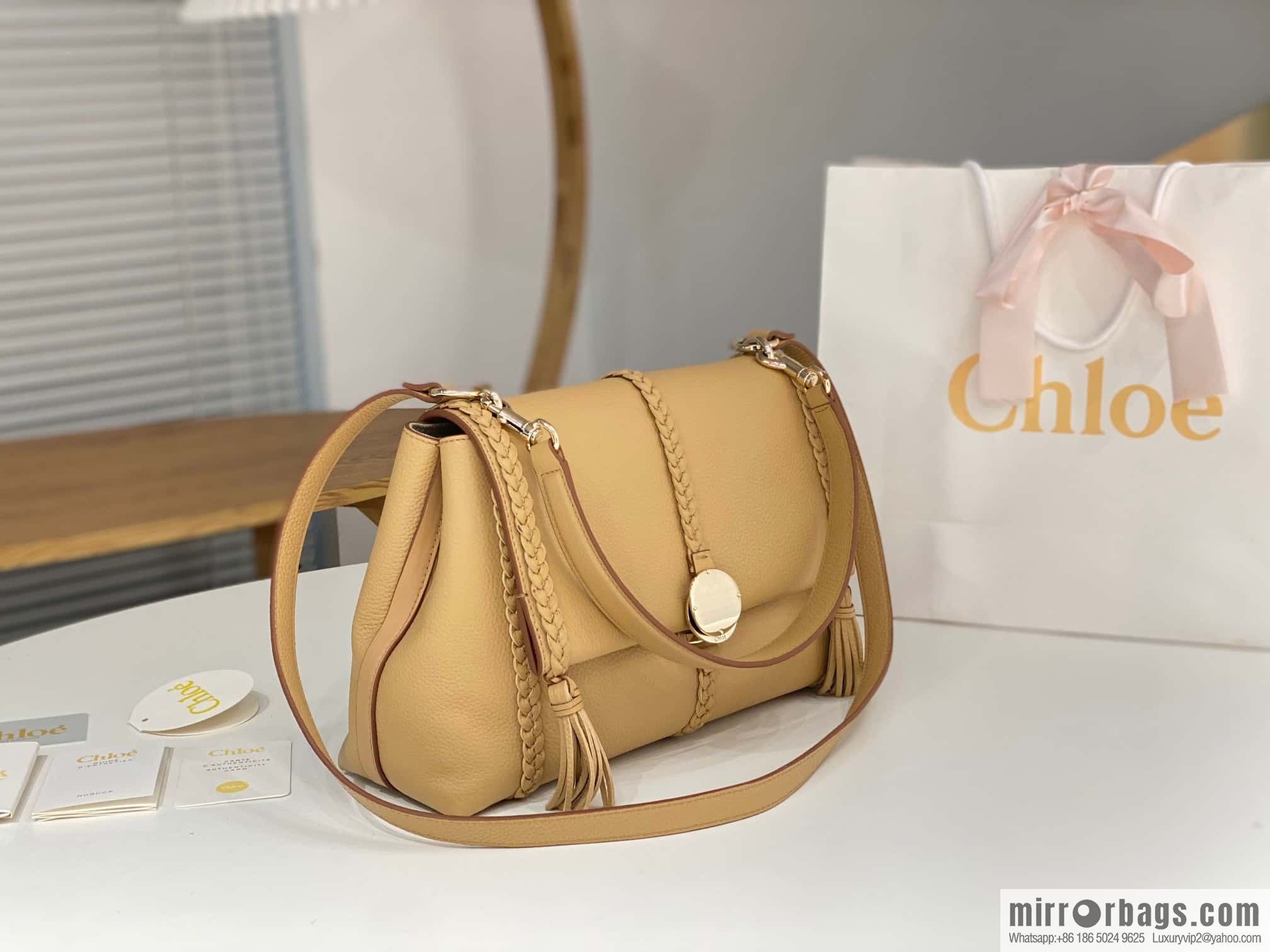 Chloe Penelope Gold Coin Bag, Large Dropped Leather, Apricot 35cm