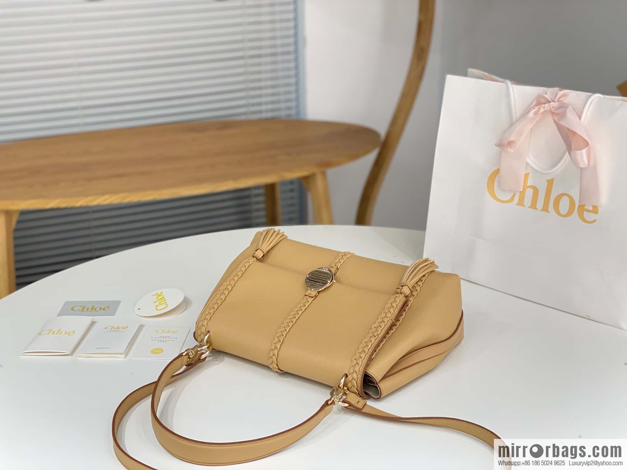 Chloe Penelope Gold Coin Bag, Large Dropped Leather, Apricot 35cm