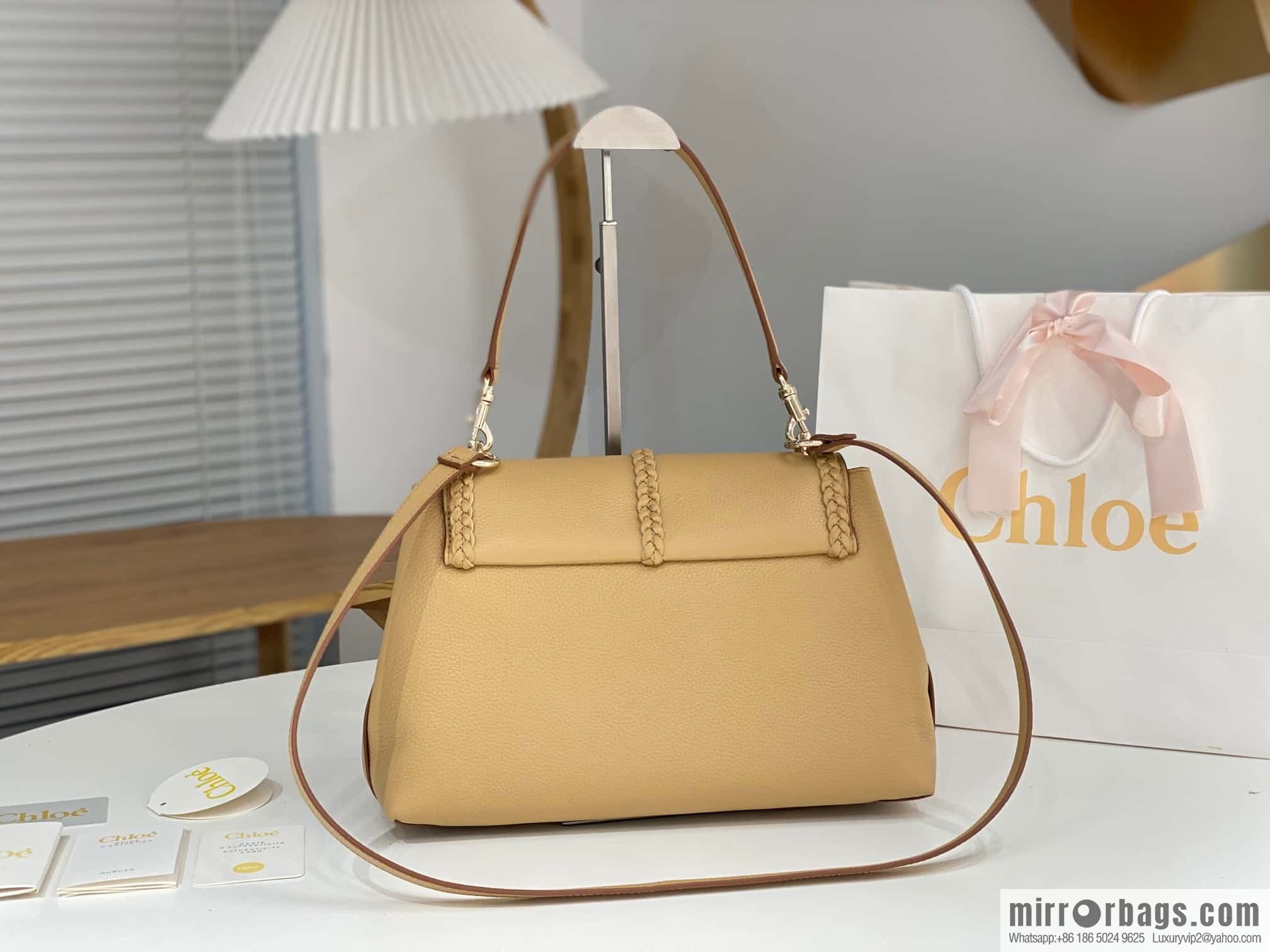 Chloe Penelope Gold Coin Bag, Large Dropped Leather, Apricot 35cm