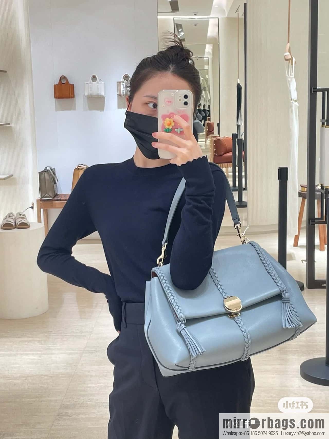 Chloe Penelope Gold Coin Bag, Large Dropped Leather, Haze Blue 35cm