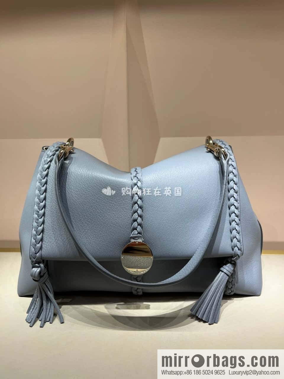Chloe Penelope Gold Coin Bag, Large Dropped Leather, Haze Blue 35cm