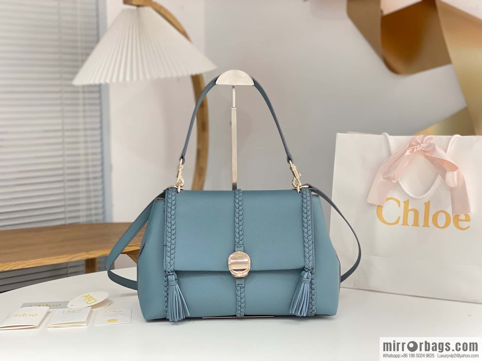 Chloe Penelope Gold Coin Bag, Large Dropped Leather, Haze Blue 35cm