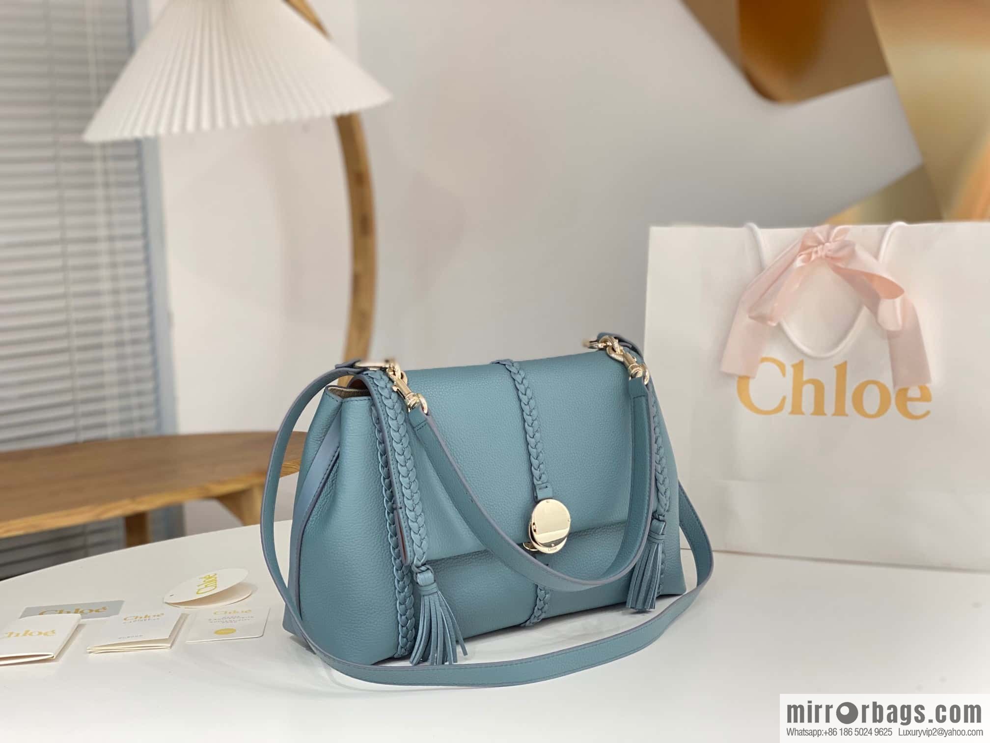 Chloe Penelope Gold Coin Bag, Large Dropped Leather, Haze Blue 35cm