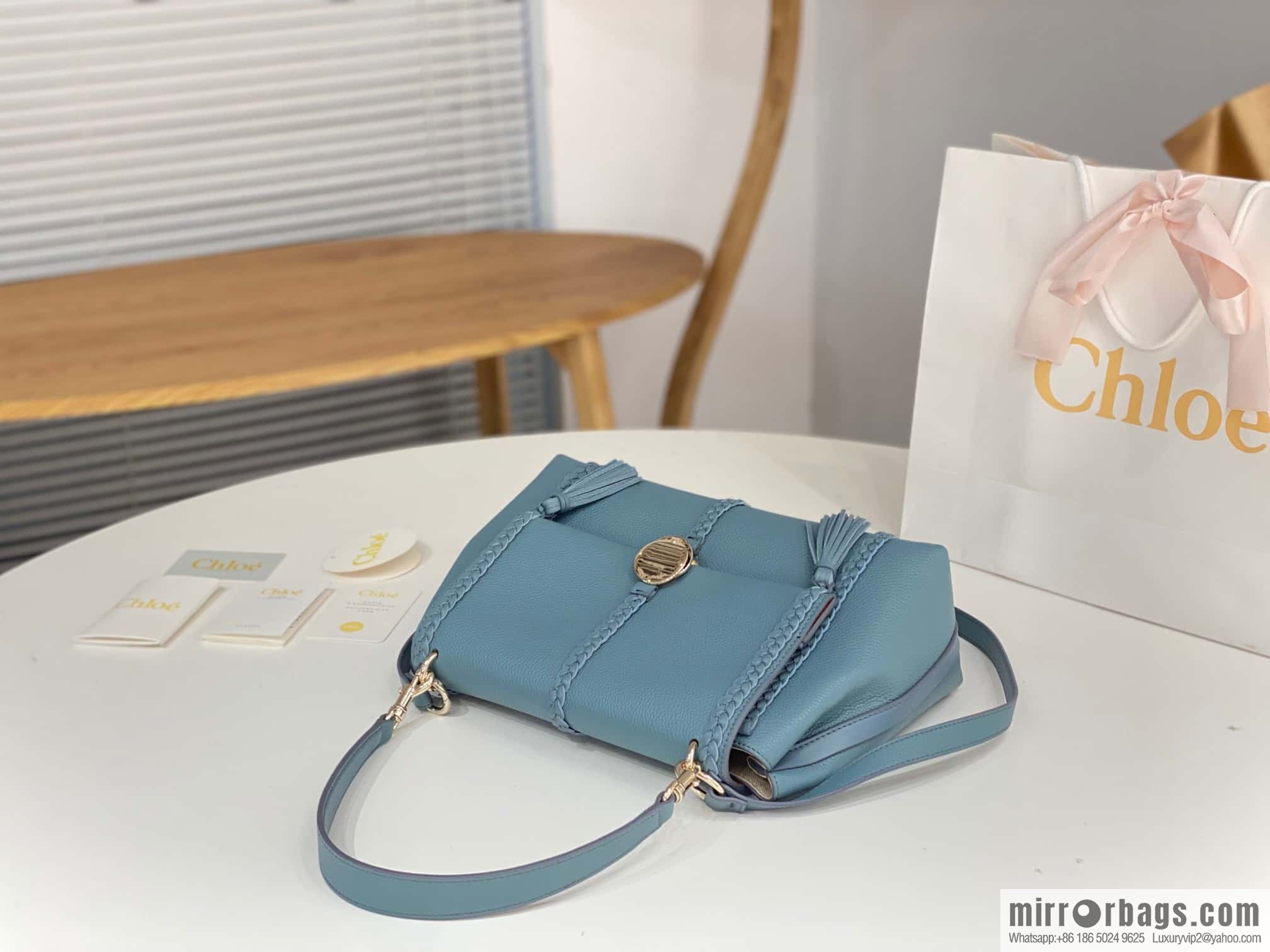 Chloe Penelope Gold Coin Bag, Large Dropped Leather, Haze Blue 35cm