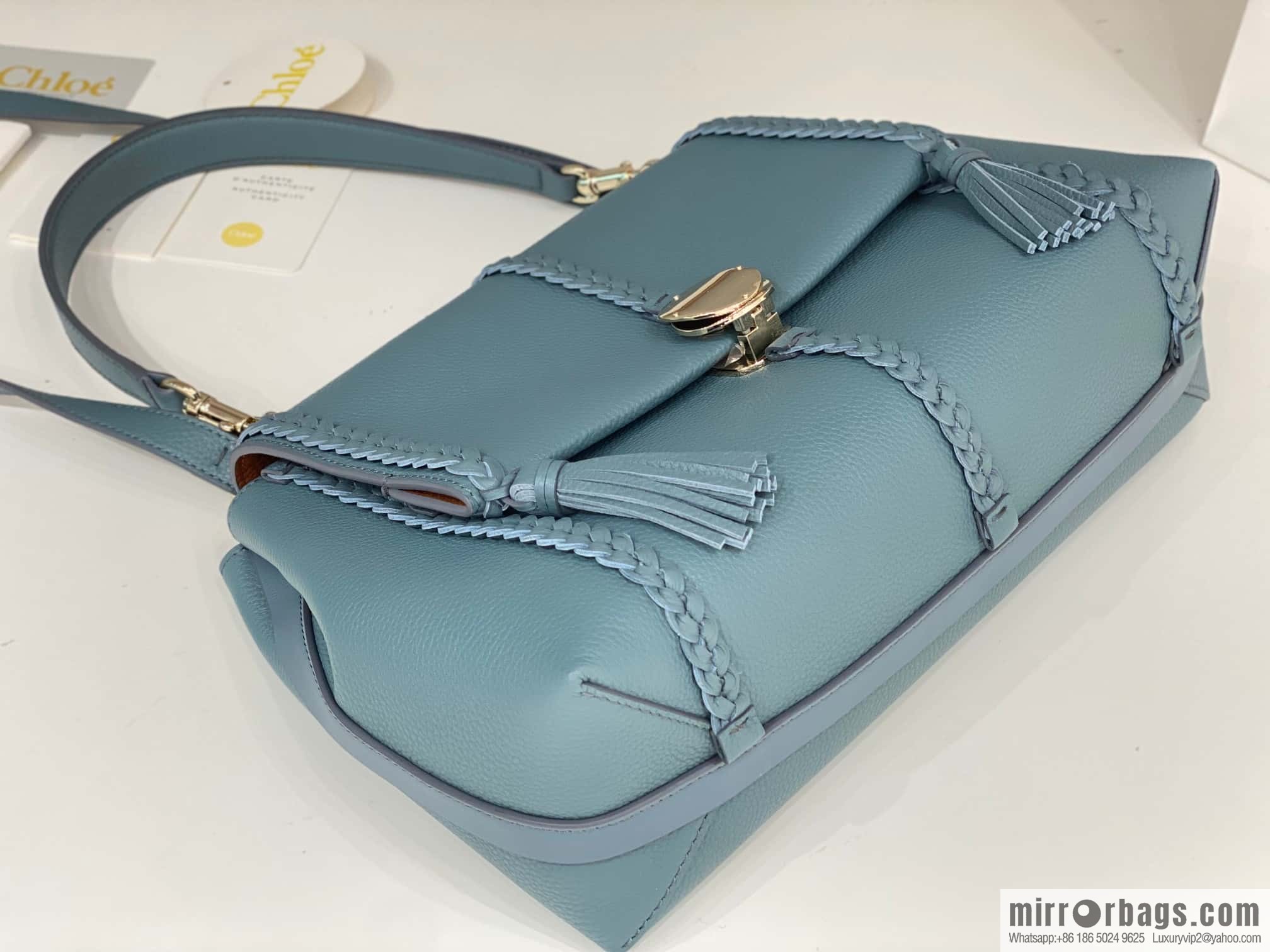 Chloe Penelope Gold Coin Bag, Large Dropped Leather, Haze Blue 35cm