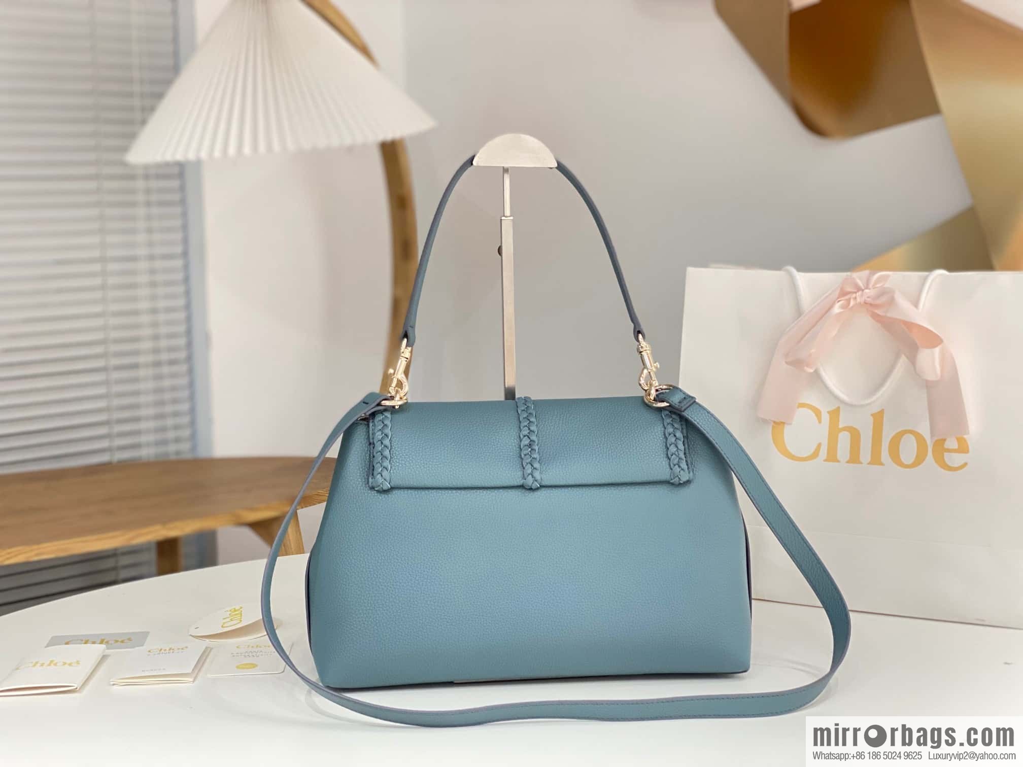 Chloe Penelope Gold Coin Bag, Large Dropped Leather, Haze Blue 35cm