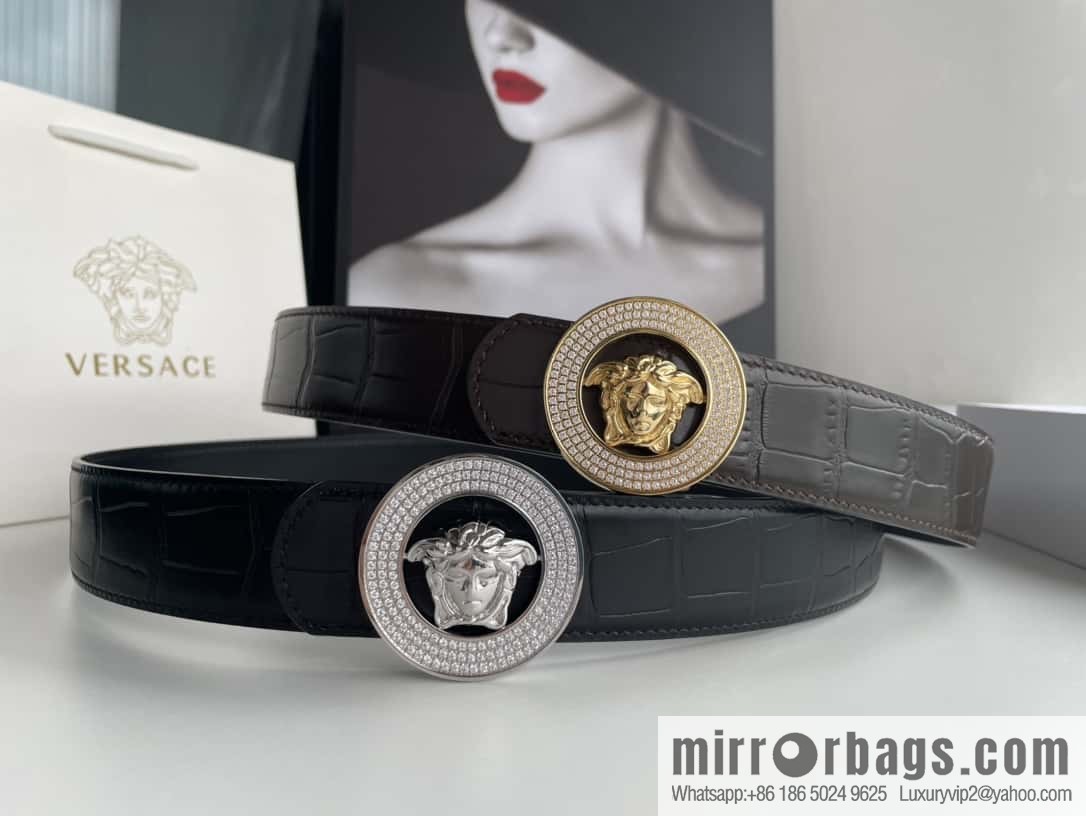 VERSACE Versace, Men's Black Cowhide Crocodile Textured Belt 3.8cm