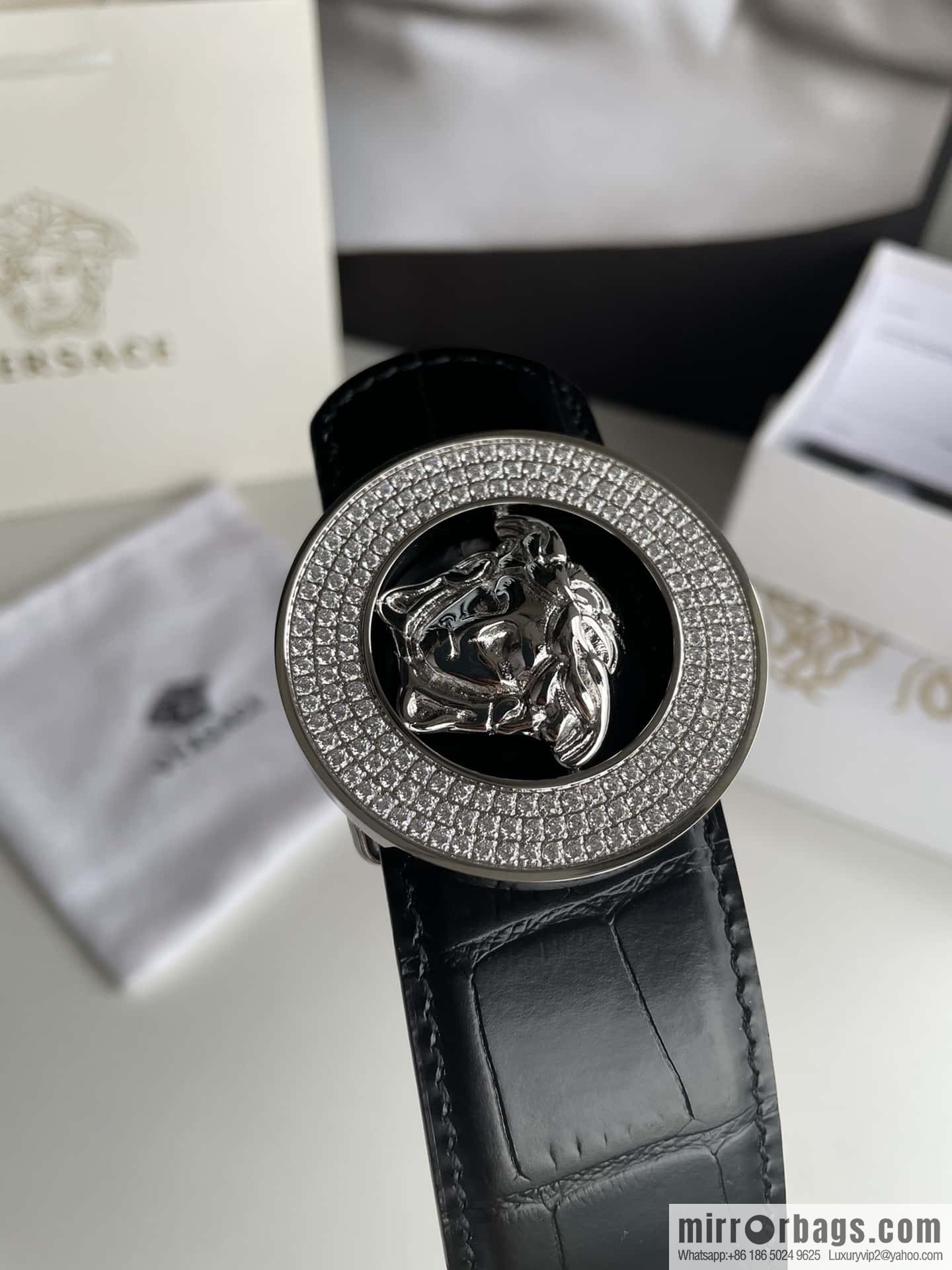 VERSACE Versace, Men's Black Cowhide Crocodile Textured Belt 3.8cm