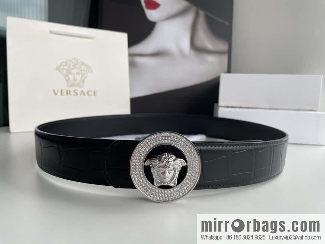 VERSACE Versace, Men's Black Cowhide Crocodile Textured Belt 3.8cm