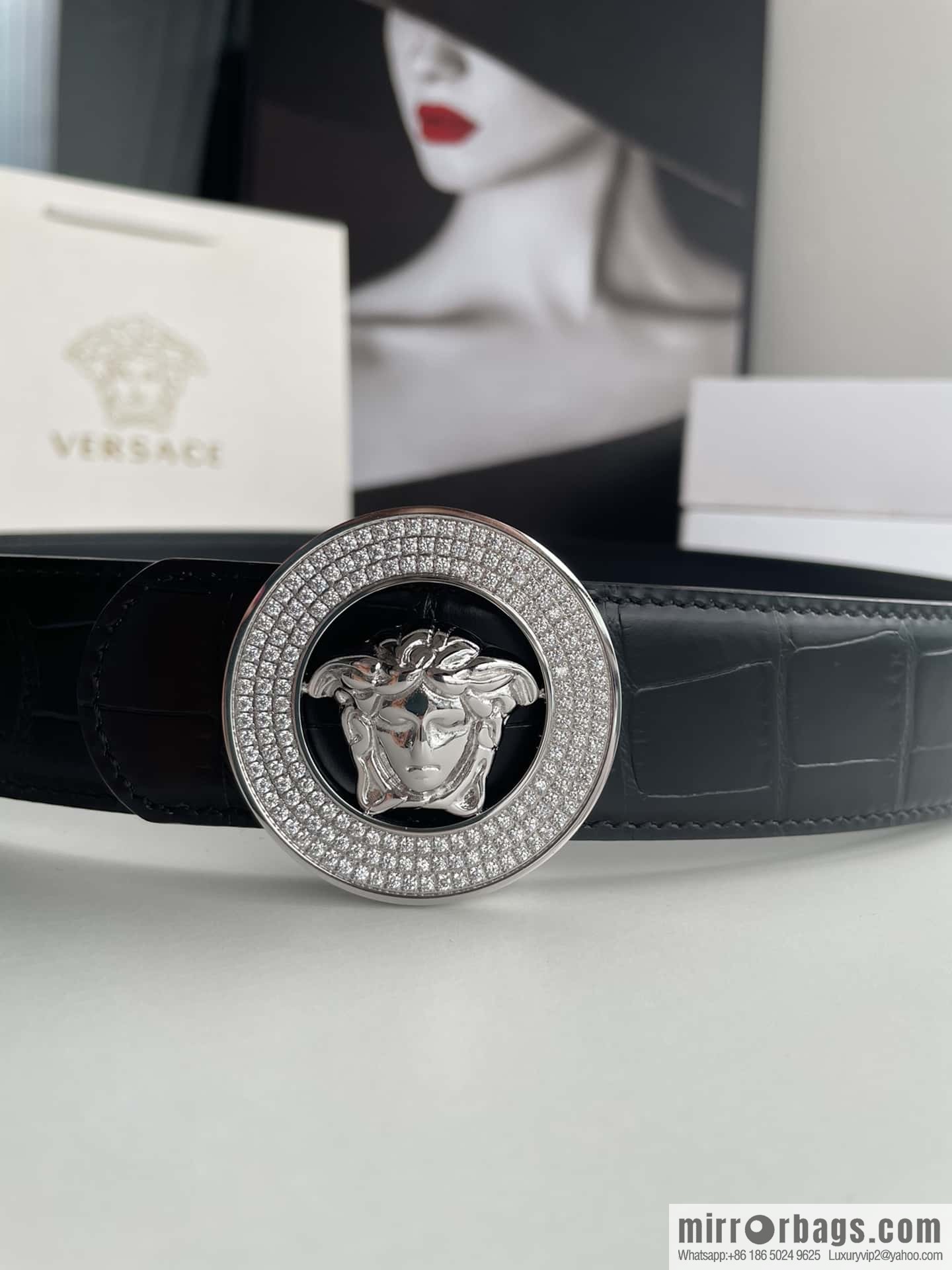 VERSACE Versace, Men's Black Cowhide Crocodile Textured Belt 3.8cm