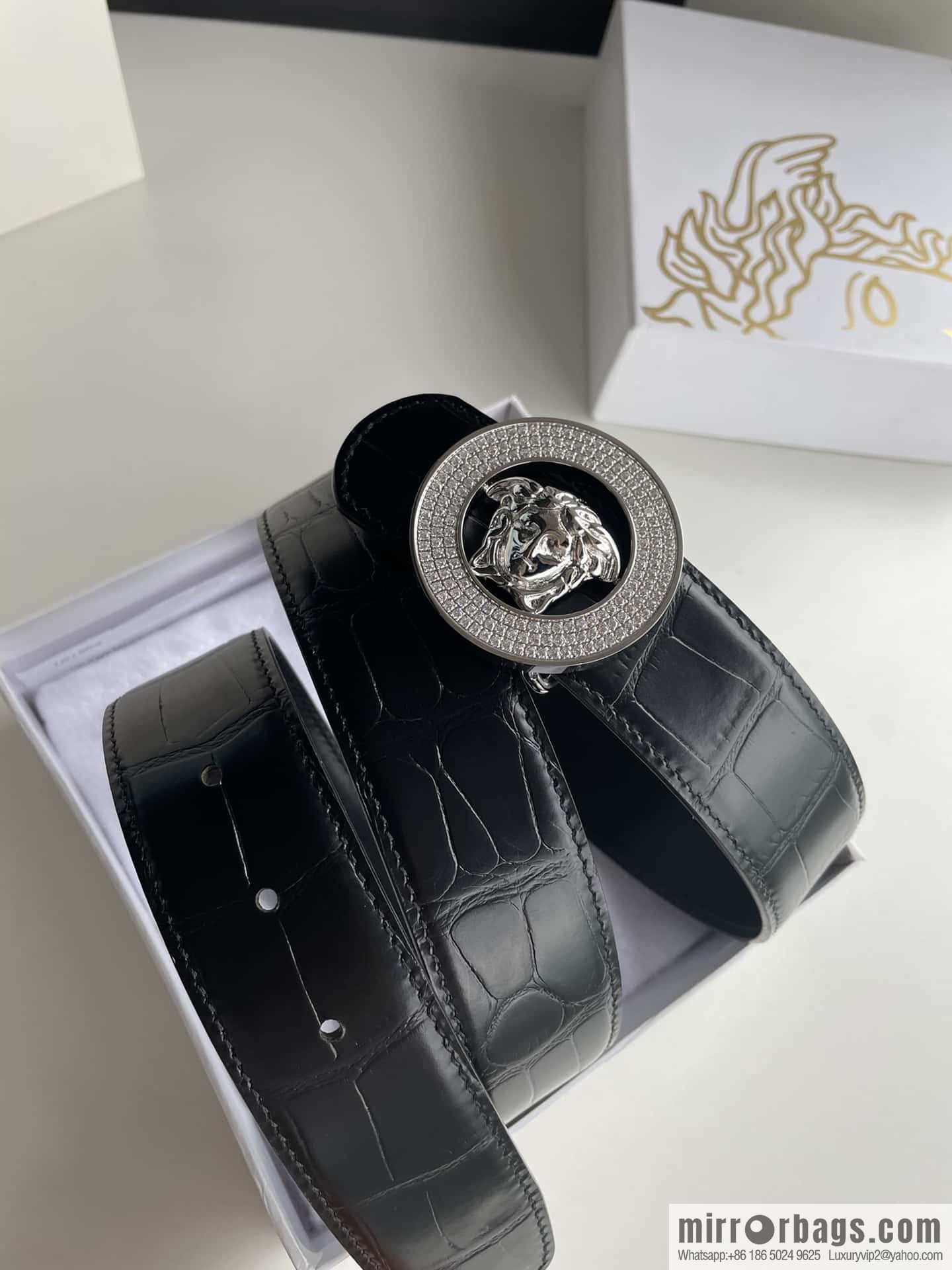 VERSACE Versace, Men's Black Cowhide Crocodile Textured Belt 3.8cm