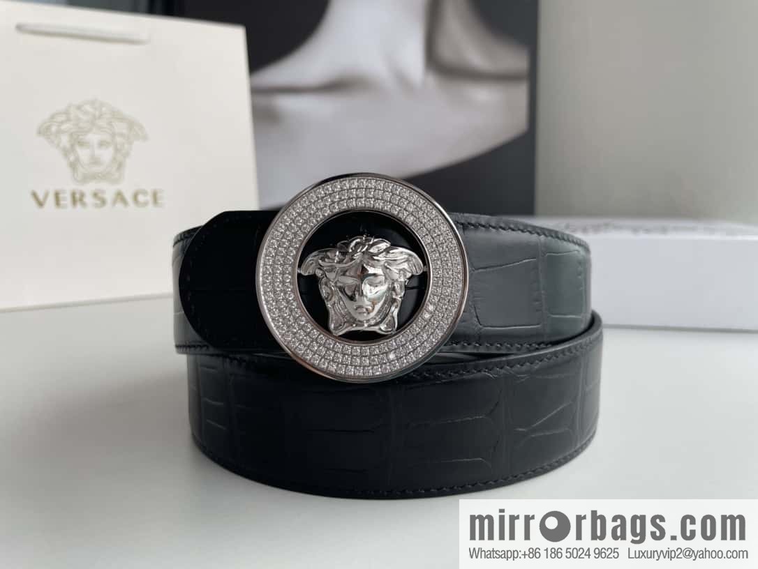 VERSACE Versace, Men's Black Cowhide Crocodile Textured Belt 3.8cm